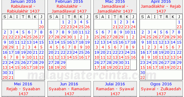 Kalendar Islam 2016 Masihi  14371438 Hijrah pertaining to Hijri Calendar 1438