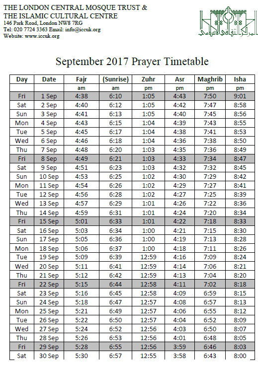 London Central Mosque Trust Ltd. &amp; The Islamic Cultural Centre for Isha Lunar Calender