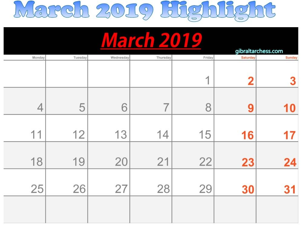 March 2019 Calendar Highlight Sunday Saturday | March 2019 inside Sunday To Saturday Calendar