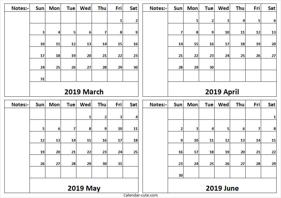 March To June 2019 Four Month Calendar Colorful Template intended for Four Month Calendar Template
