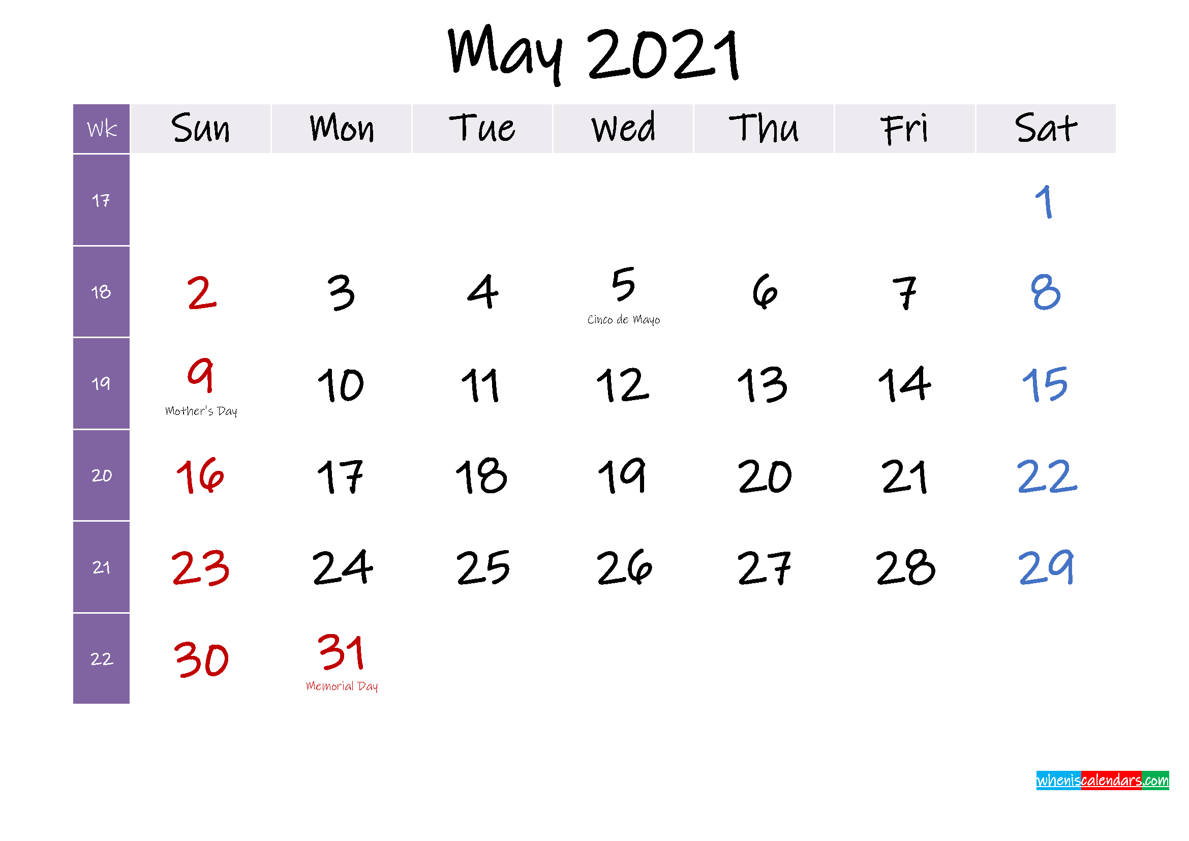 May 2021 Free Printable Calendar With Holidays  Template with Calendar 2021 With Holidays