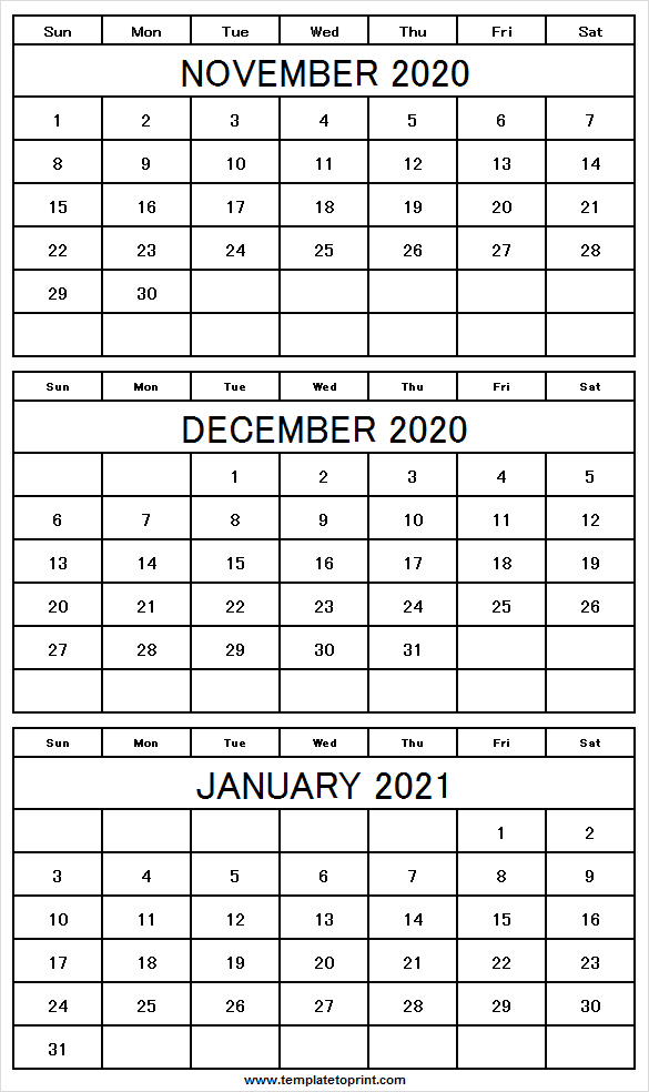 Monthly Calendar November 2020 To January 2021  Printable within November December And January Calendar