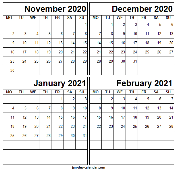 November 2020 To February 2021 Calendar Free  Four Month intended for November December And January Calendar