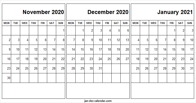 November December 2020 January 2021 Calendar  Blank with regard to November December And January Calendar