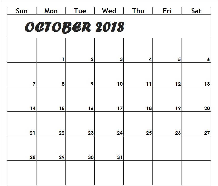 October 2018 Pdf Waterproof Calendar | Printable Calendar regarding Waterproof Paper Printable Calendar