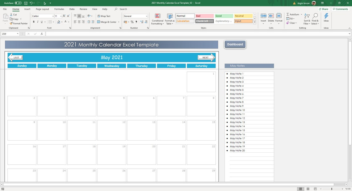 Plantilla Mensual De Excel Calendario 2021  Planificador throughout Calendario Excel 2021 Plantilla