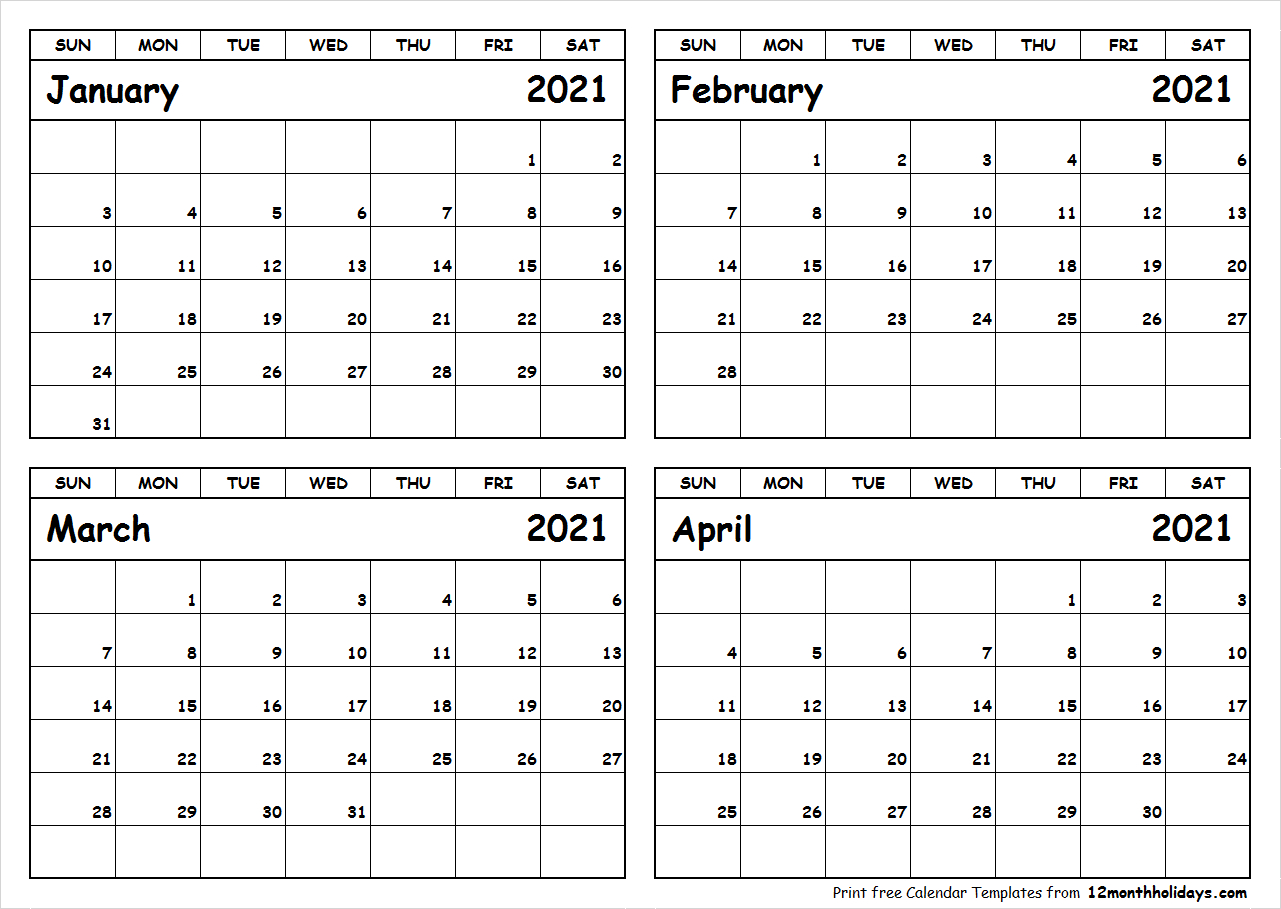 Print January To April 2021 Calendar Template | 4 Month for 4 Month Blank Calendar