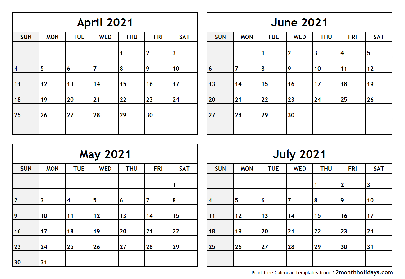 Printable Blank Four Month April May June July 2021 inside Four Month Calendar Template