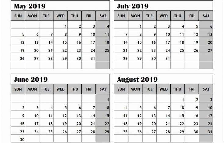 Printable Calendar 4 Months Per Page 2019 | Calendar within 4 Month Blank Calendar