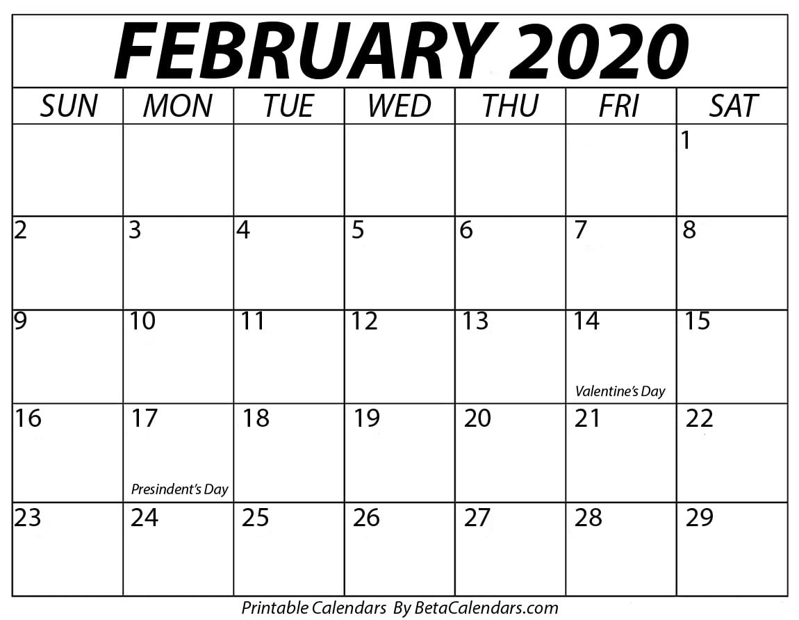 Printable February 2020 Calendar  Beta Calendars with Printable Calendars By Beta Calendars