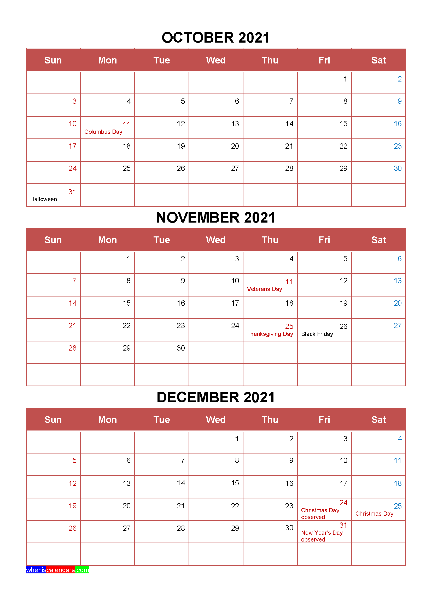 Printable October November December 2021 Calendar Template with regard to 3 Month Calendar 2021 Printable