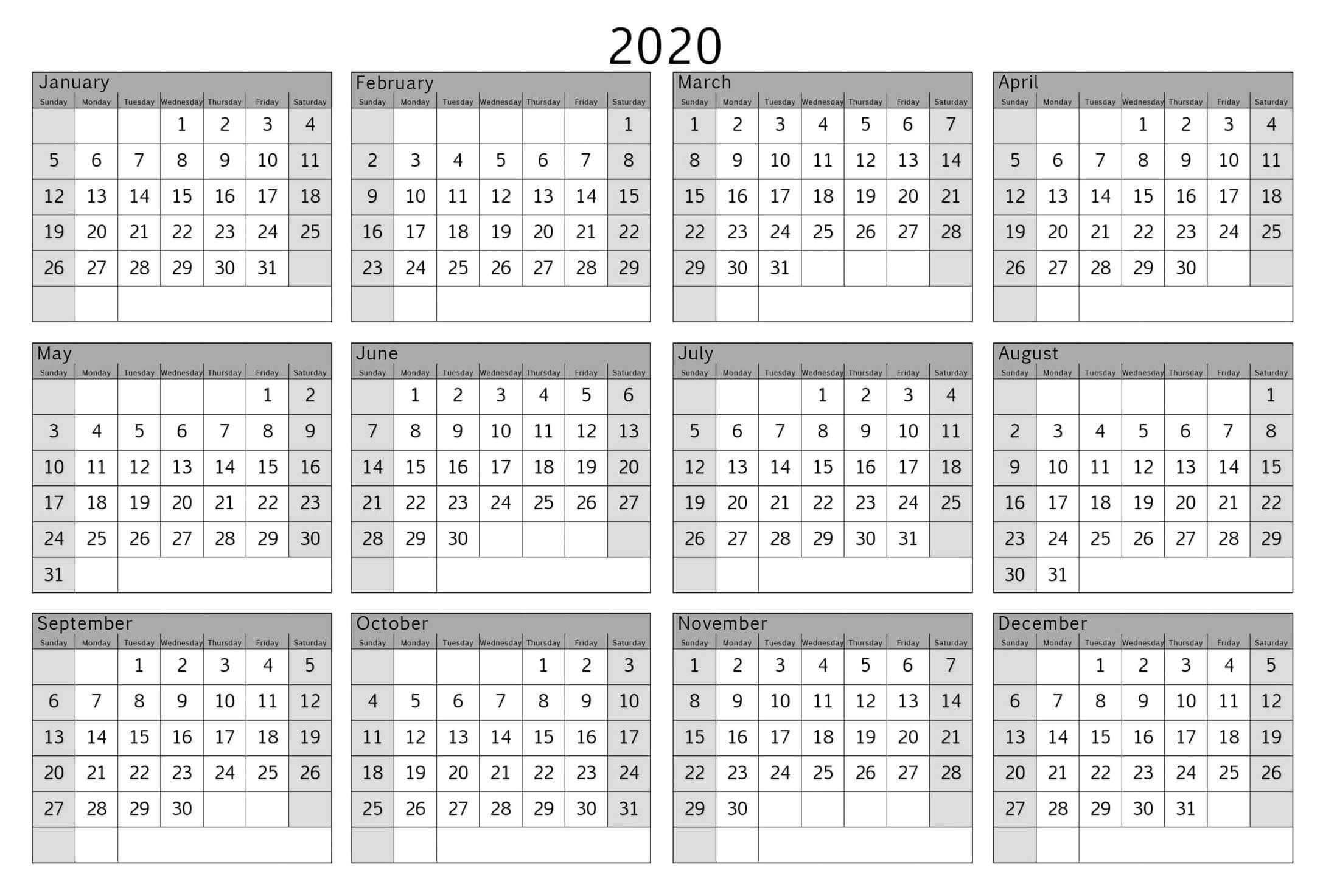 Printable Template For Blank 2020 Year At A Glance within At A Glance Calendar Printable