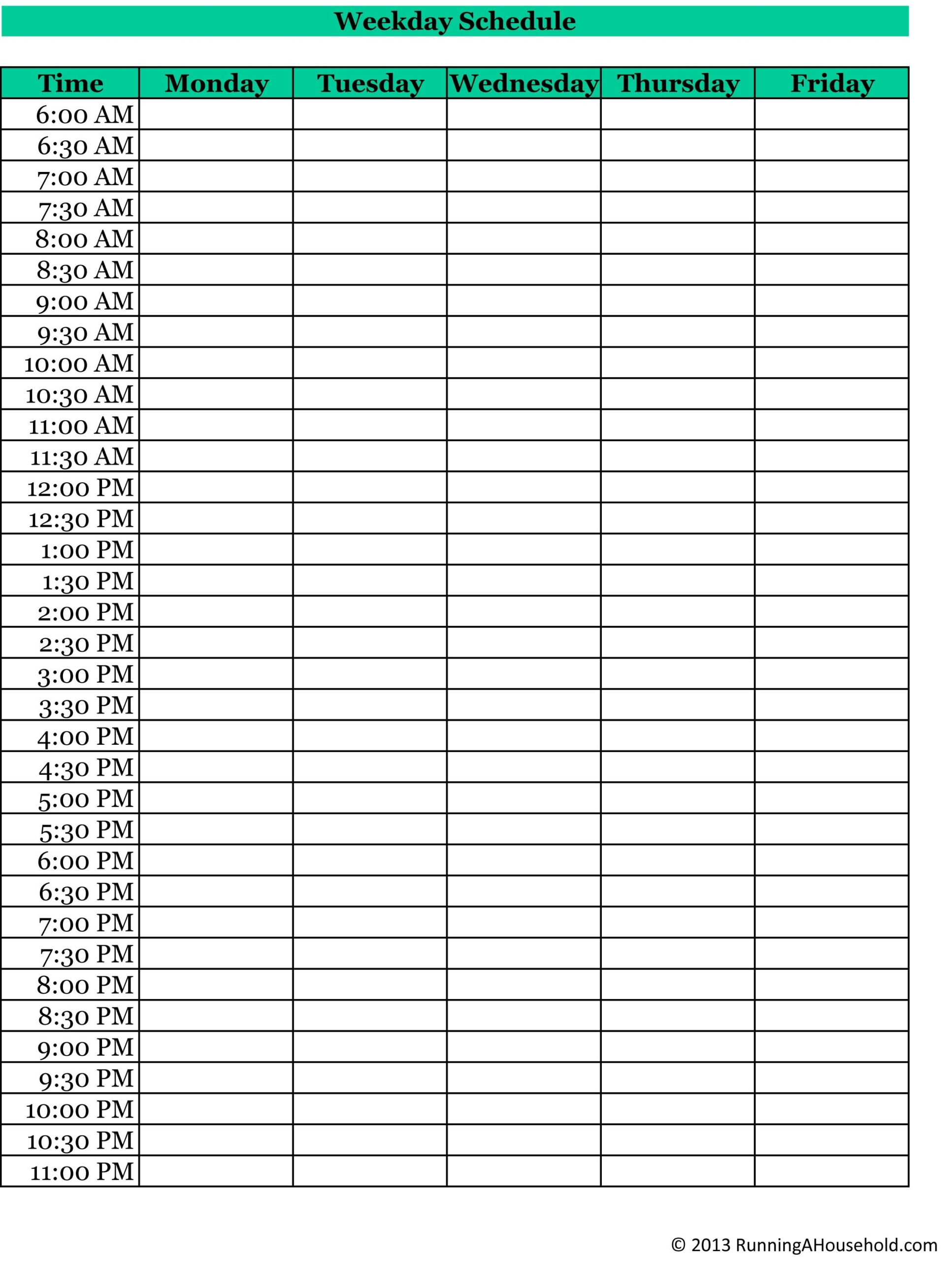 Printable Weekly Schedule With Hours Monday To Friday with Blank Weekly Hourly Schedule