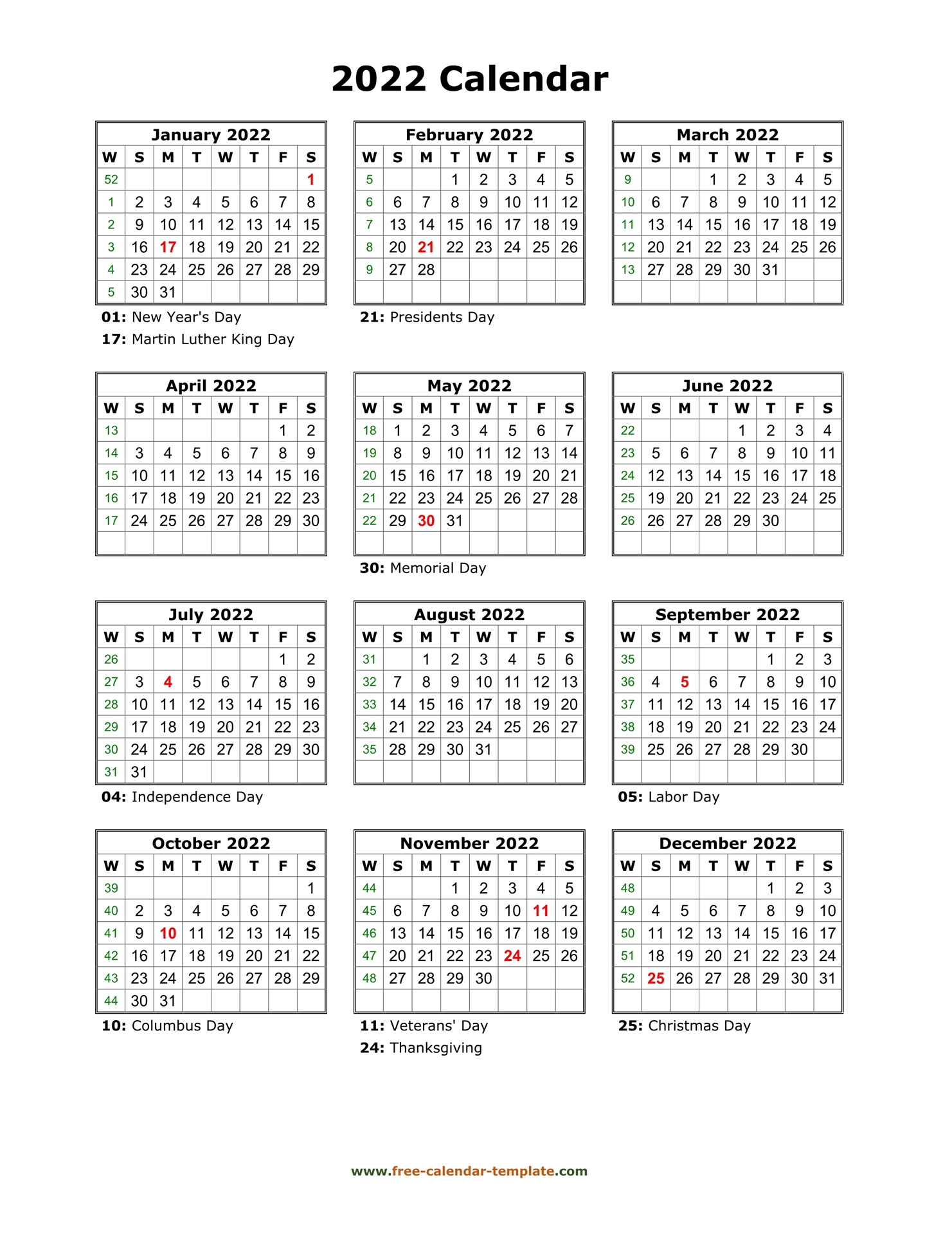 Printable Yearly Calendar 2022 | Freecalendartemplate pertaining to One Page 12 Month Calendar