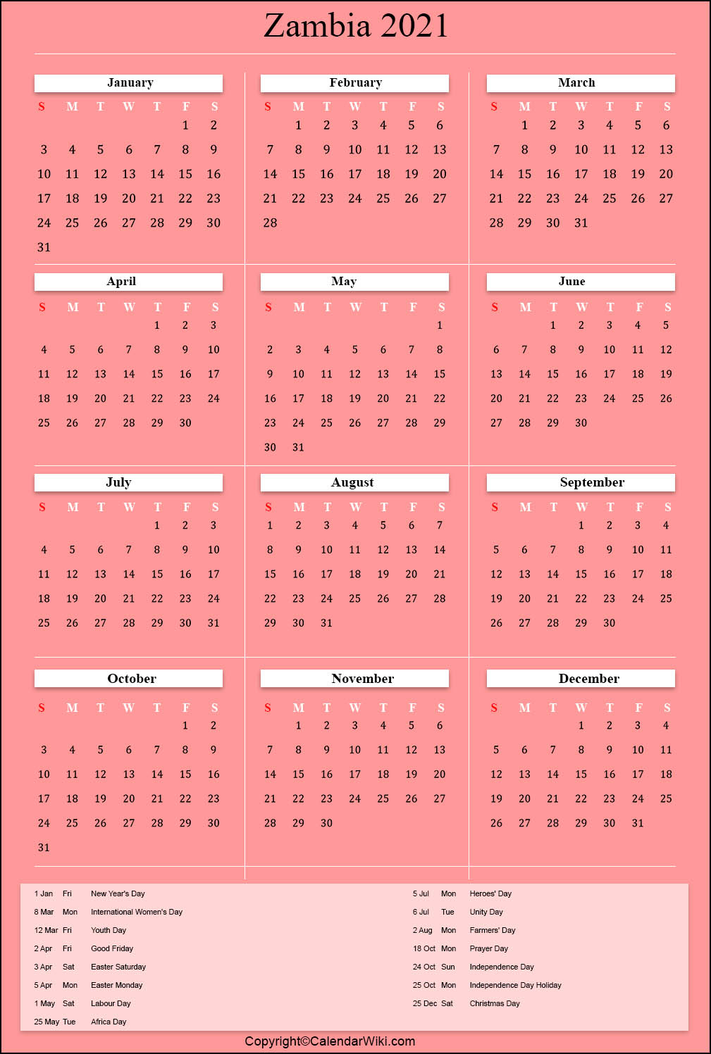 Printable Zambia Calendar 2021 With Holidays [Public Holidays] within Calendar 2021 With Holidays