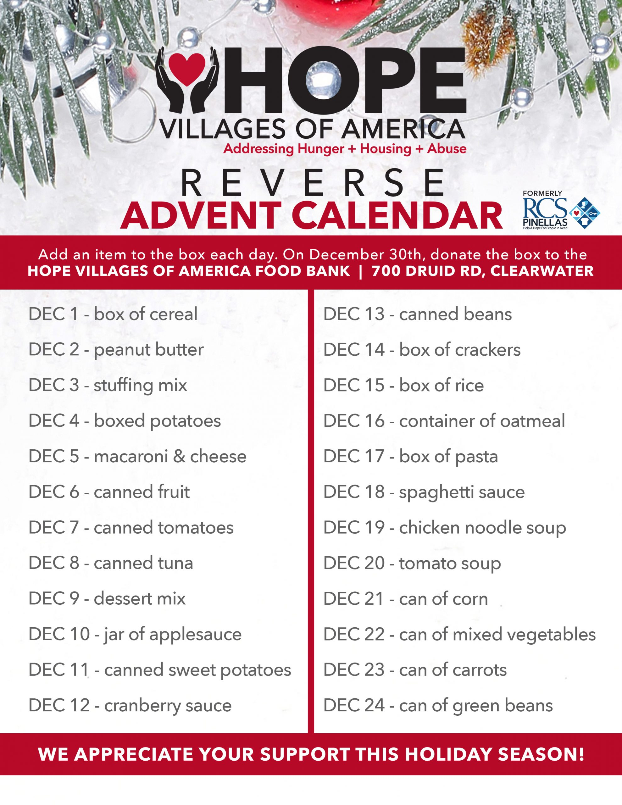 Reverse Advent Calendar Food Drive | Hope Villages Of pertaining to Reverse Advent Calendar Template