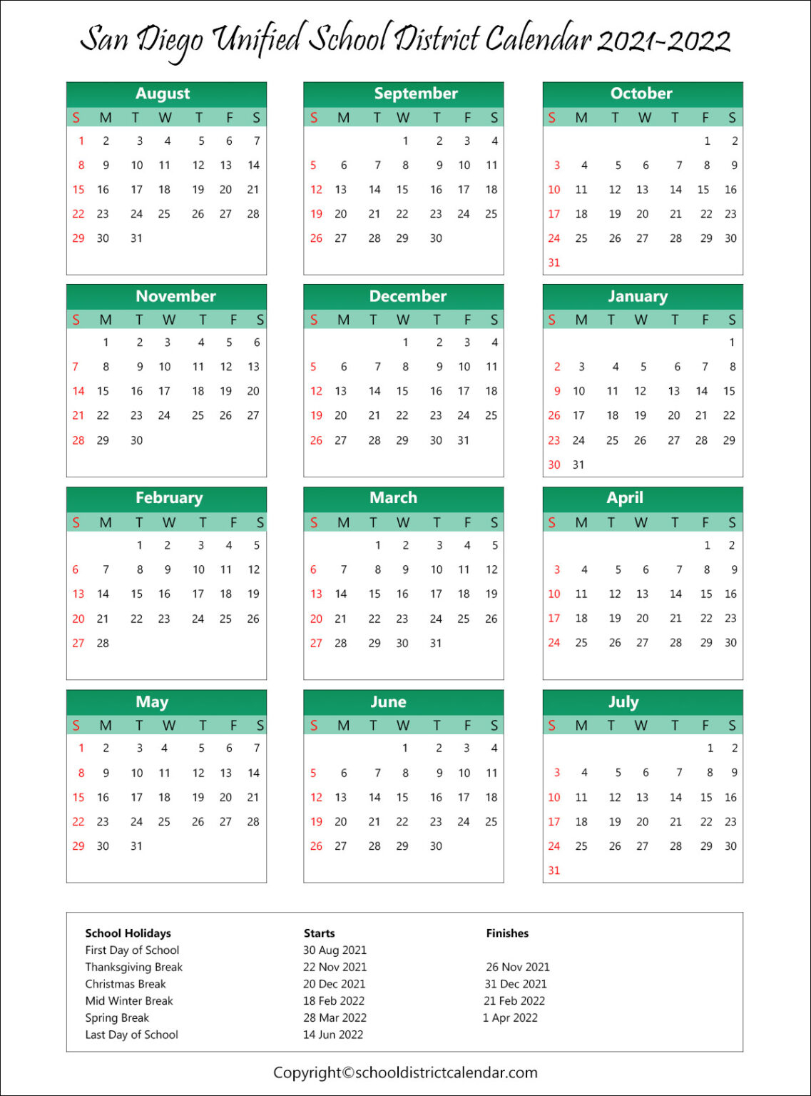 San Diego Unified School District Calendar Holidays 20212022 with regard to Mukilteo School District Calendar