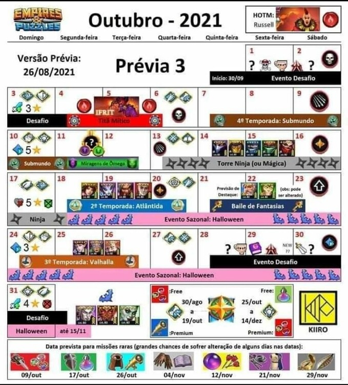 September 2021 Tentative Calendar (Events: Trials, Rare with Empires And Puzzles December 2021 Calendar