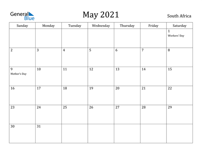 South Africa May 2021 Calendar With Holidays in Printable Calendar 2021 South Africa