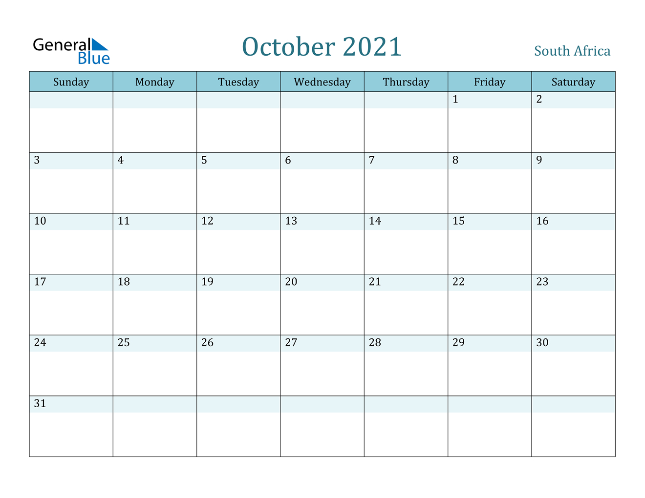 South Africa October 2021 Calendar With Holidays within Printable Calendar 2021 South Africa