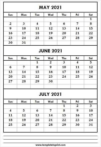 Three Month May To Jul 2021 Calendar | Calendar 2021 Free Printable for 3 Month Free Printable Calendars 2021