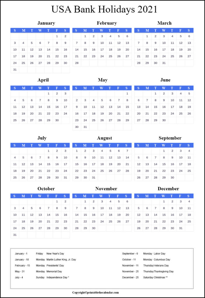 Usa Bank Holidays 2021 | Printable The Calendar pertaining to Calendar 2021 With Holidays