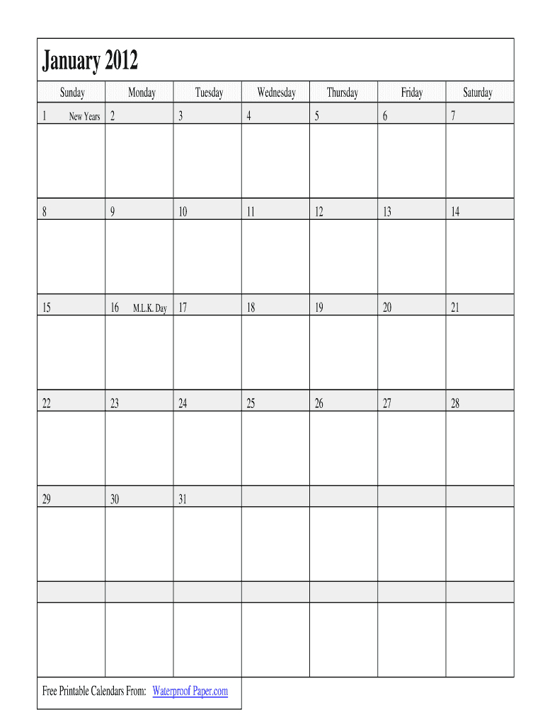 Waterproof Yearly Calendar 2012  Fill And Sign Printable with regard to Waterproof Paper Printable Calendar