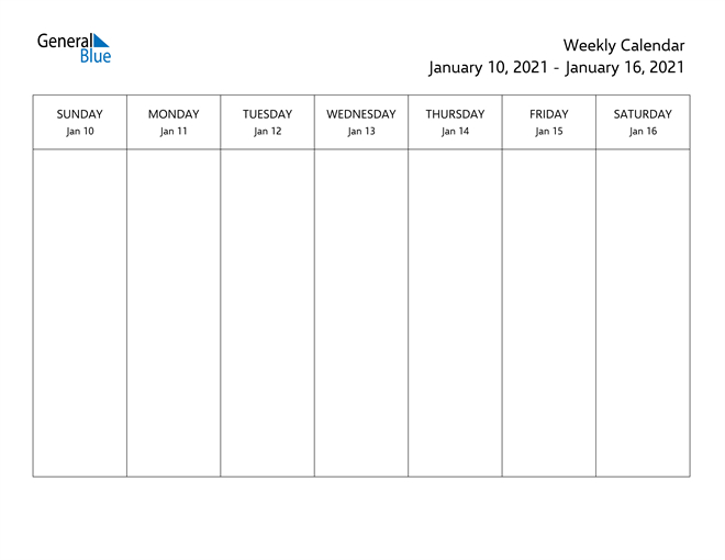 Weekly Calendar January 10, 2021 To January 16, 2021 regarding 16 Week Calendar Template