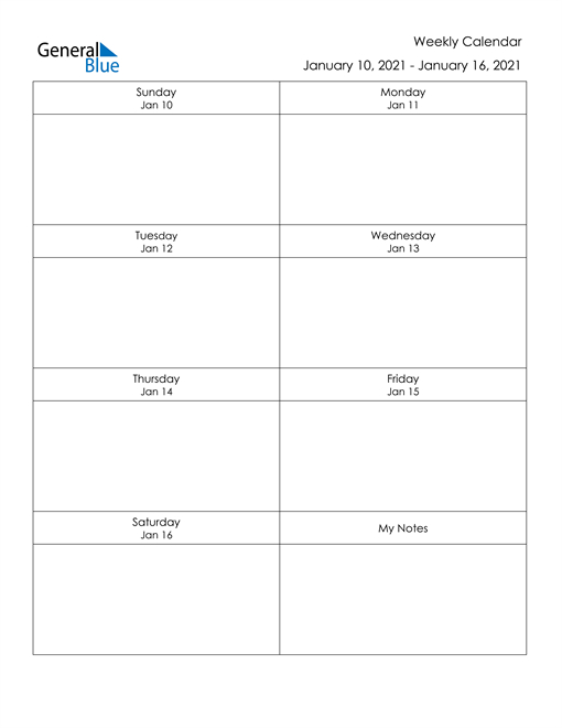 Weekly Calendar January 10, 2021 To January 16, 2021 with 16 Week Calendar Template