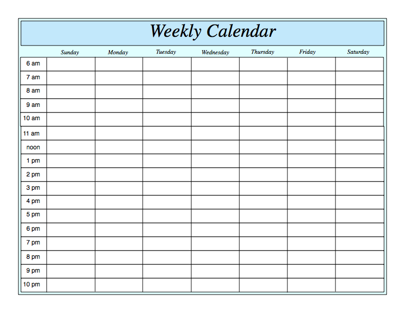 Weekly Calendar Template, Weekly Calendar, Weekly Calendar pertaining to Blank Weekly Hourly Schedule