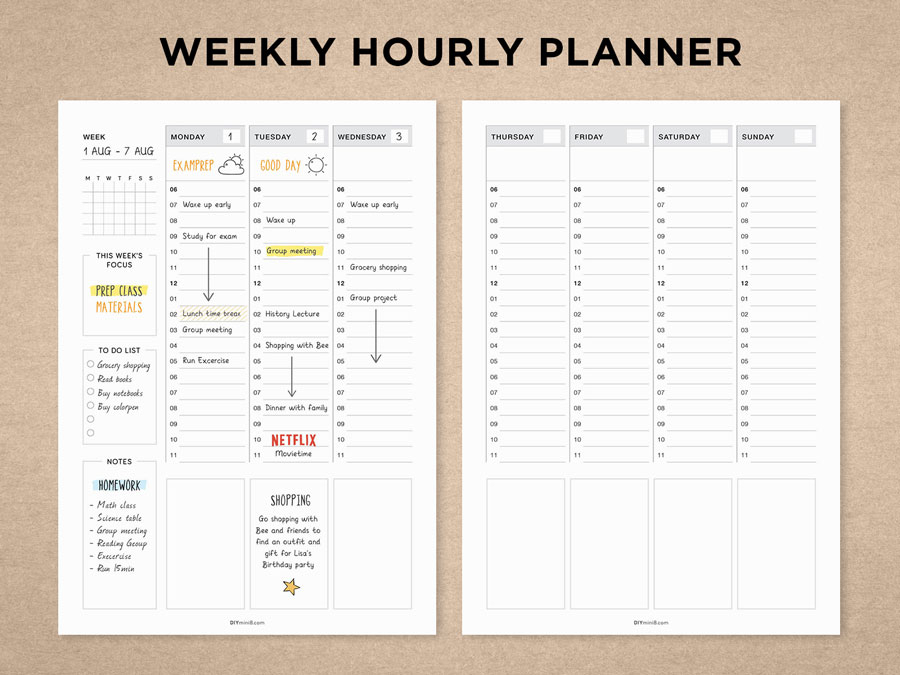 Weekly Hourly Planner  Diymini8 throughout Weekly Hourly Planner Pdf