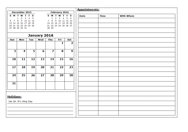 2016 Three Month Appointment Calendar Template  Free for Printable Weekly Appointment Planner