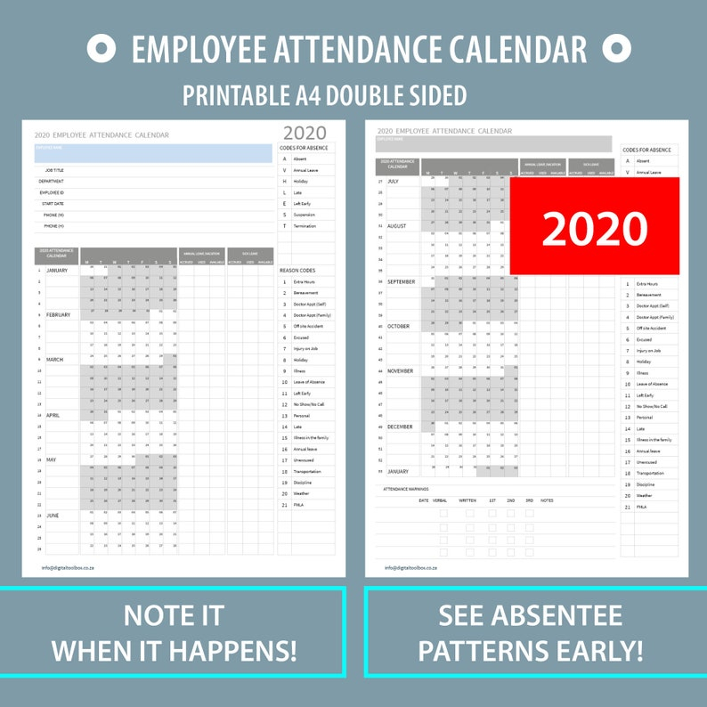 2020 A4 Printable Employee Attendance Calendartracker For within Employee Attendance Calendar