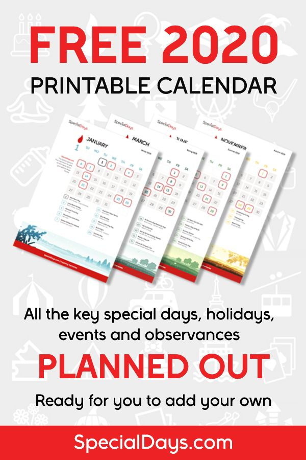 2020 Free Printable Special Days Calendar | Special Day in National Day Wall Calendar