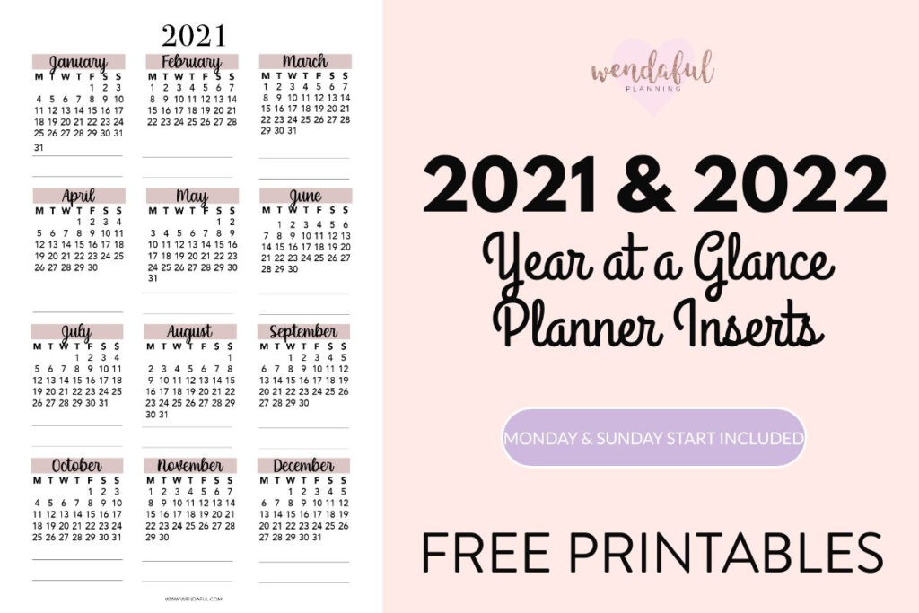 2021 2022 Year At A Glance Planner Inserts Wendaful throughout Wendaful Free Printables