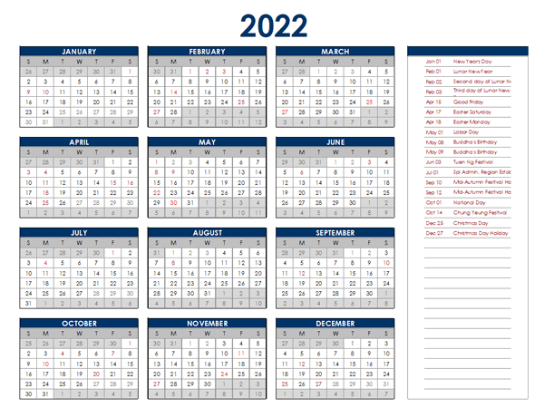 2022 Hong Kong Annual Calendar With Holidays  Free in Julian Calendar 2011