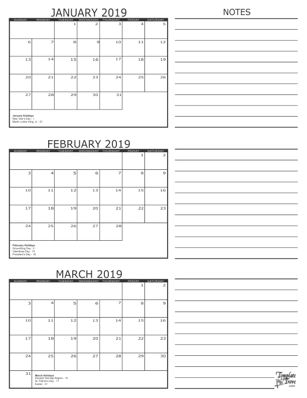 3 Month Calendar 2019 January February March | 3 Month for 3 Month Blank Calendar