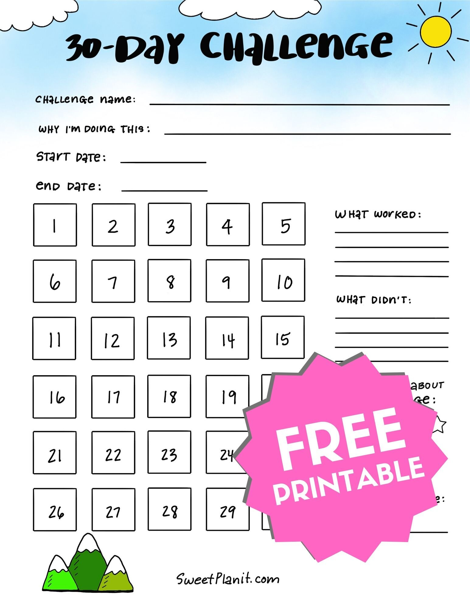 30Day Monthly Challenge Free Printable — Sweet Planit throughout 30 Day Calender