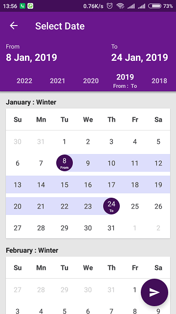 Android Custom Calendar : Date Picker Or Multiple Date for Date Range Picker Android