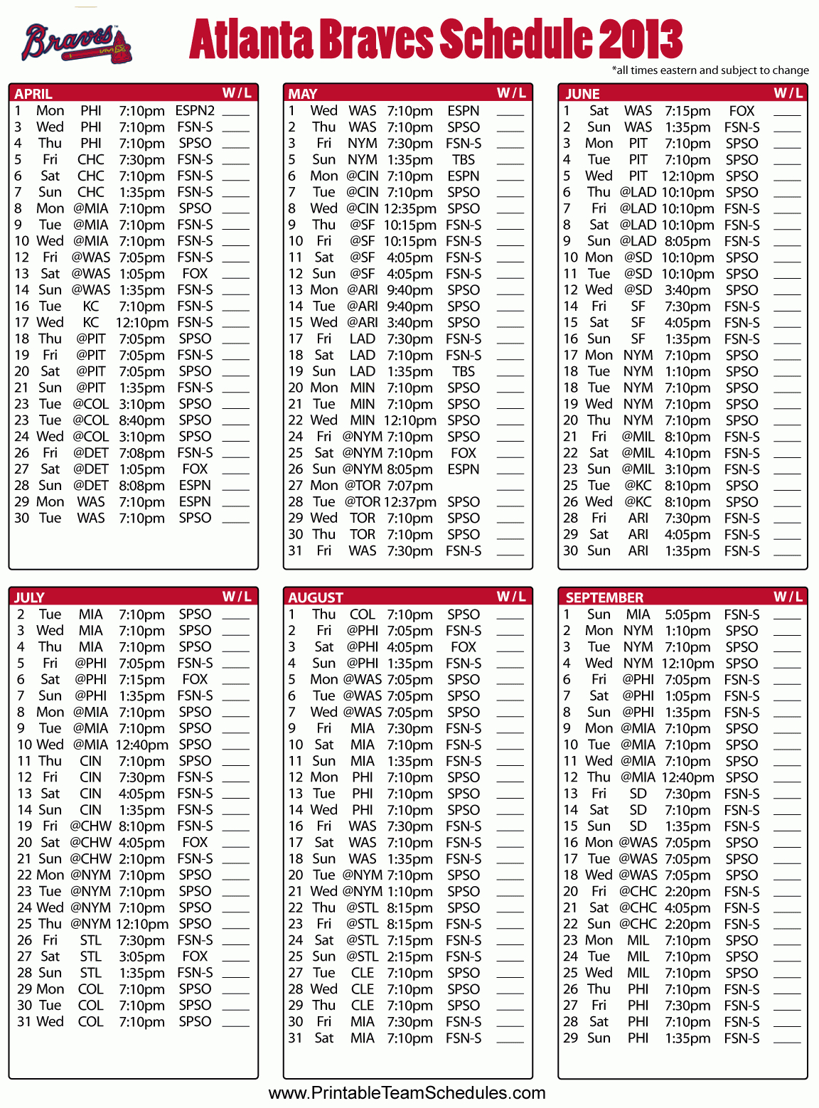 Atlanta Braves 2013 Mlb Baseball Schedule (With Images within Atlanta Braves Schedule Printable