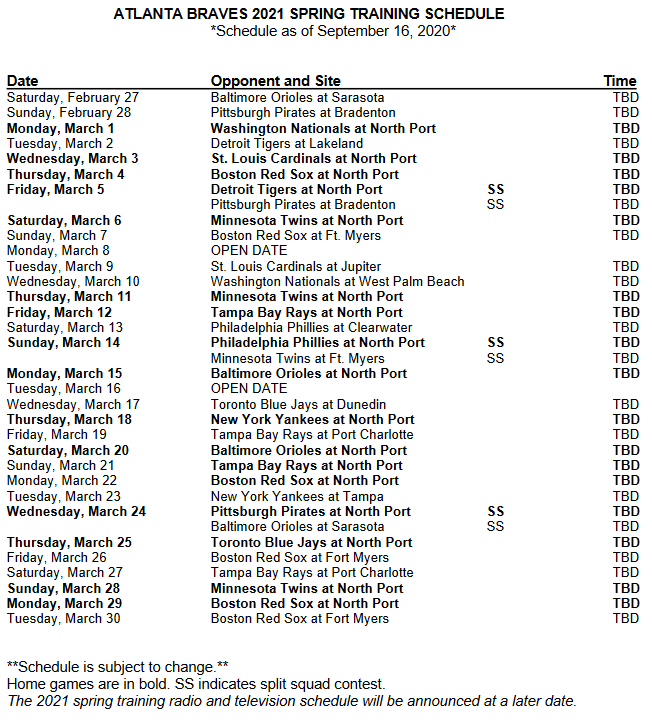 Atlanta Braves Announce 2021 Spring Training Schedule intended for Atlanta Braves Schedule Printable