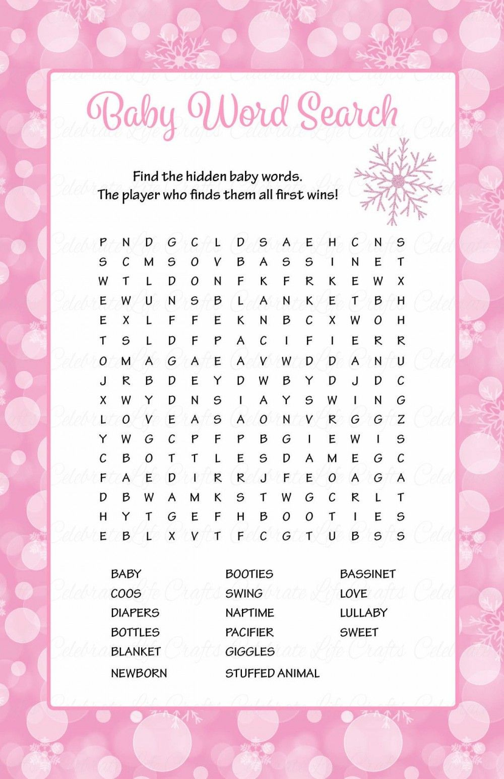 Babywortsuche  Druckbare Download  Pink Bokeh Winter pertaining to Princess Word Search Printable