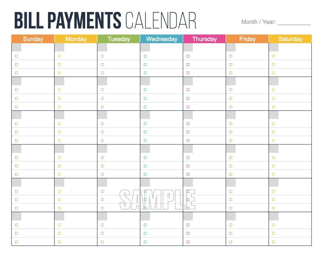 Blank Calendar 2020 Printable Monthly Payday Bills And Due intended for Bill Due Date Template