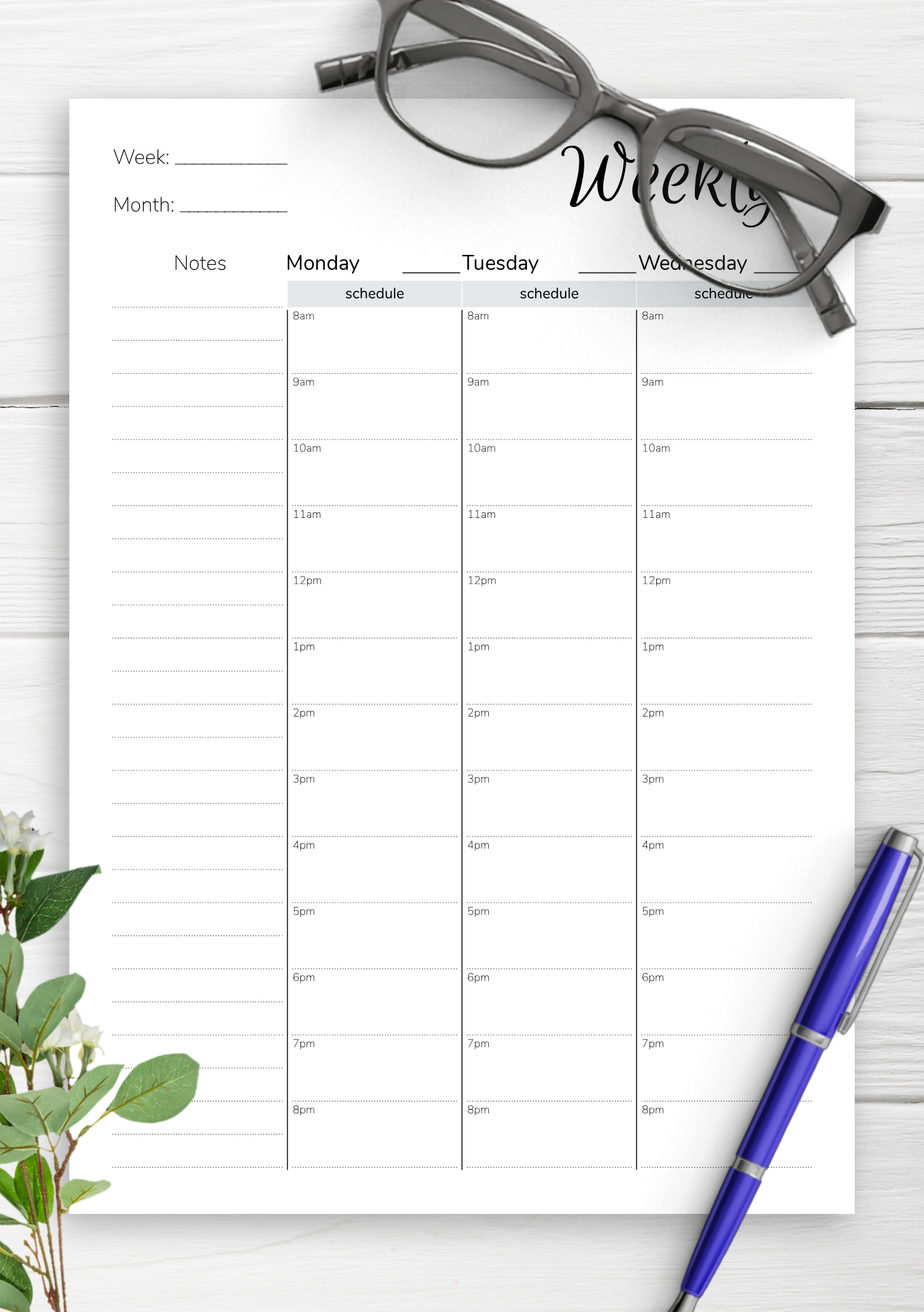 Download Printable Weekly Hourly Planner With Notes for Weekly Hourly Planner Printable