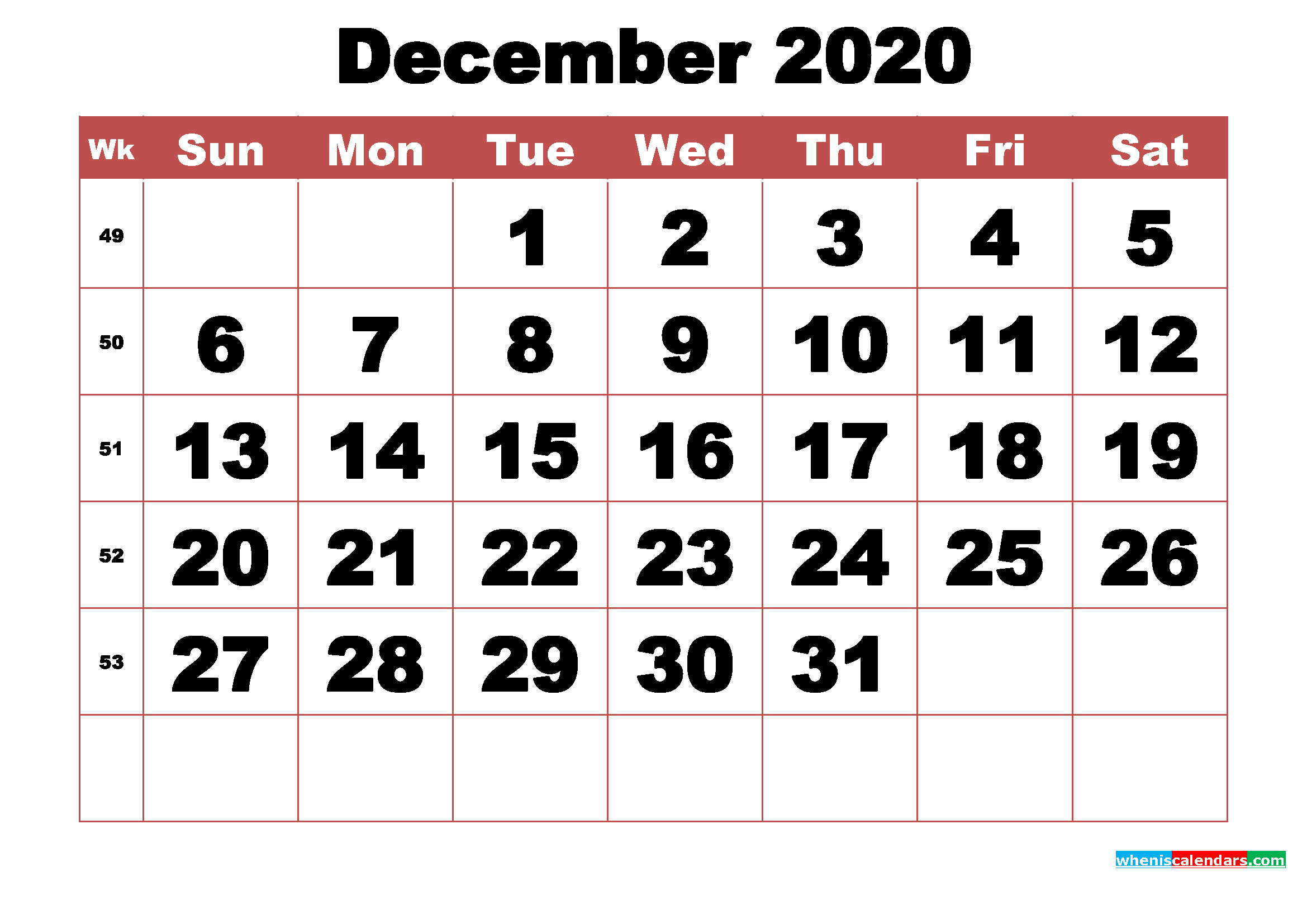 Free Printable December 2020 Calendar With Week Numbers with Free Calendar Numbers