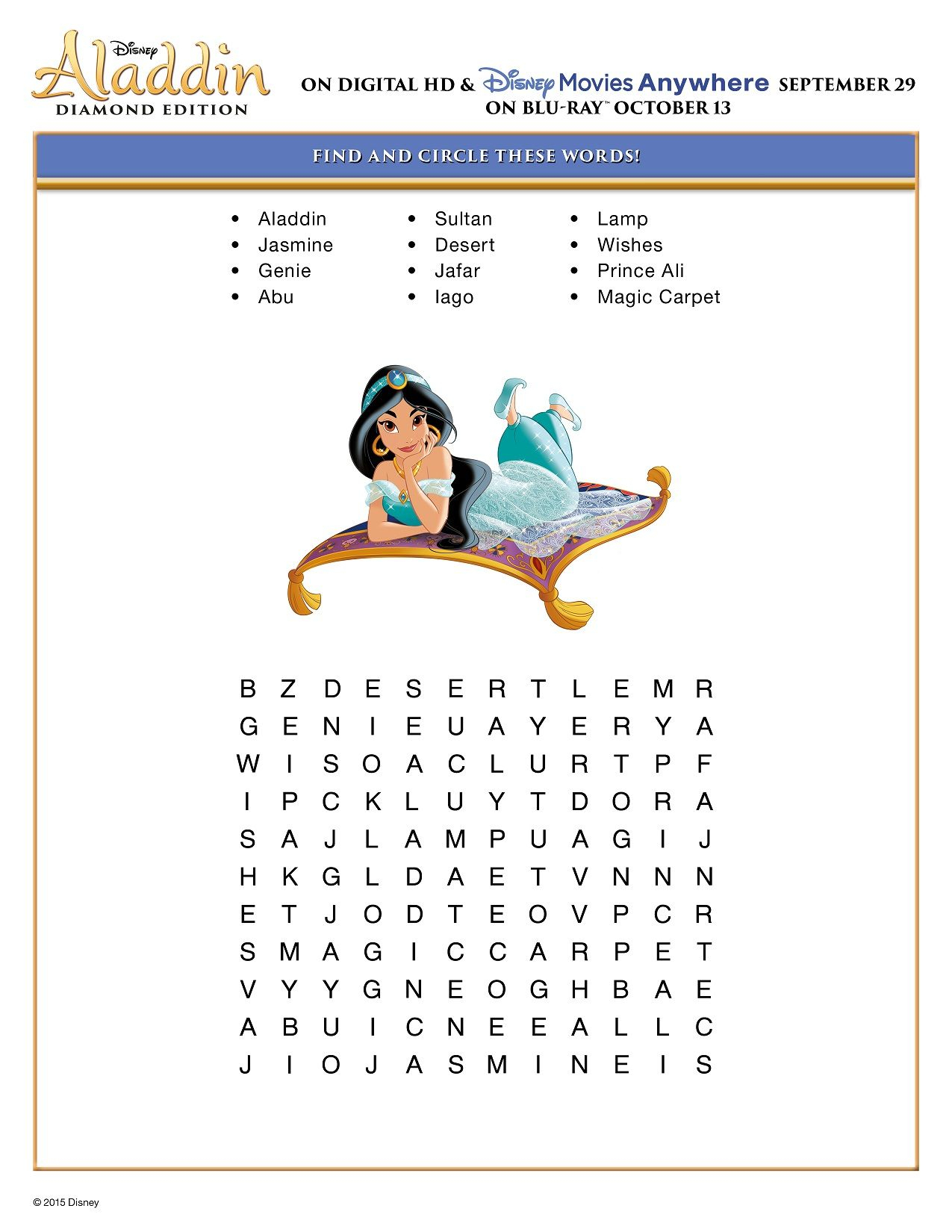 Free Printable Disney Aladdin Activity Sheets Diamond with regard to Princess Word Search Printable