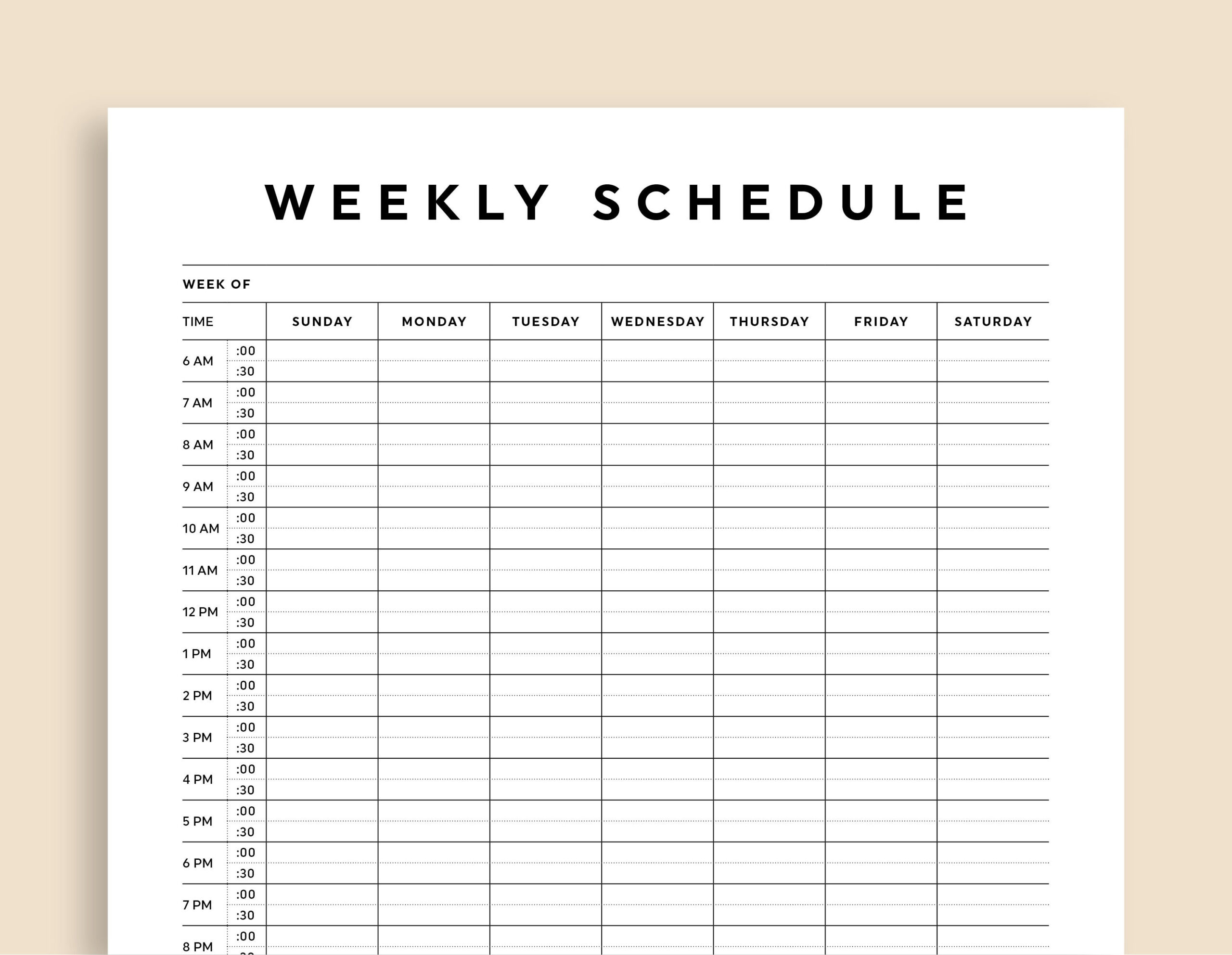 Half Hour Weekly Schedule Printable Half Hour Daily with Hourly Calendar Pdf