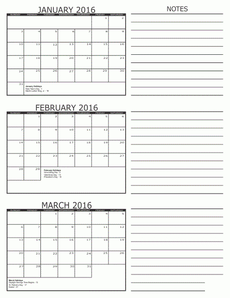 January Feb March 3 Months Printable Calendar 2016 inside Excel 3 Month Calendar