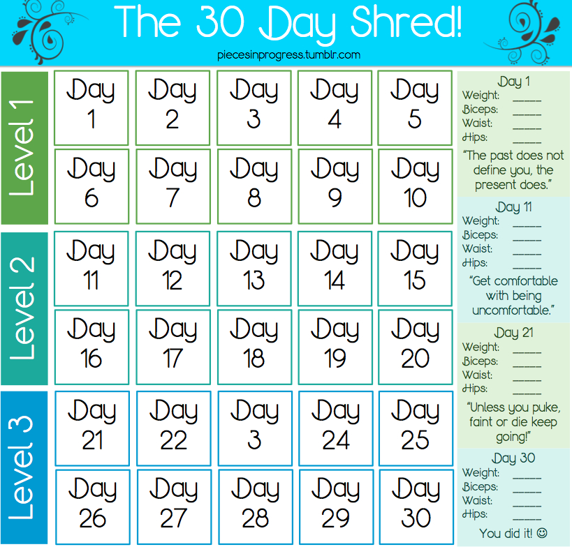 Just Yasmeen  30 Day Shred for 30 Day Calender