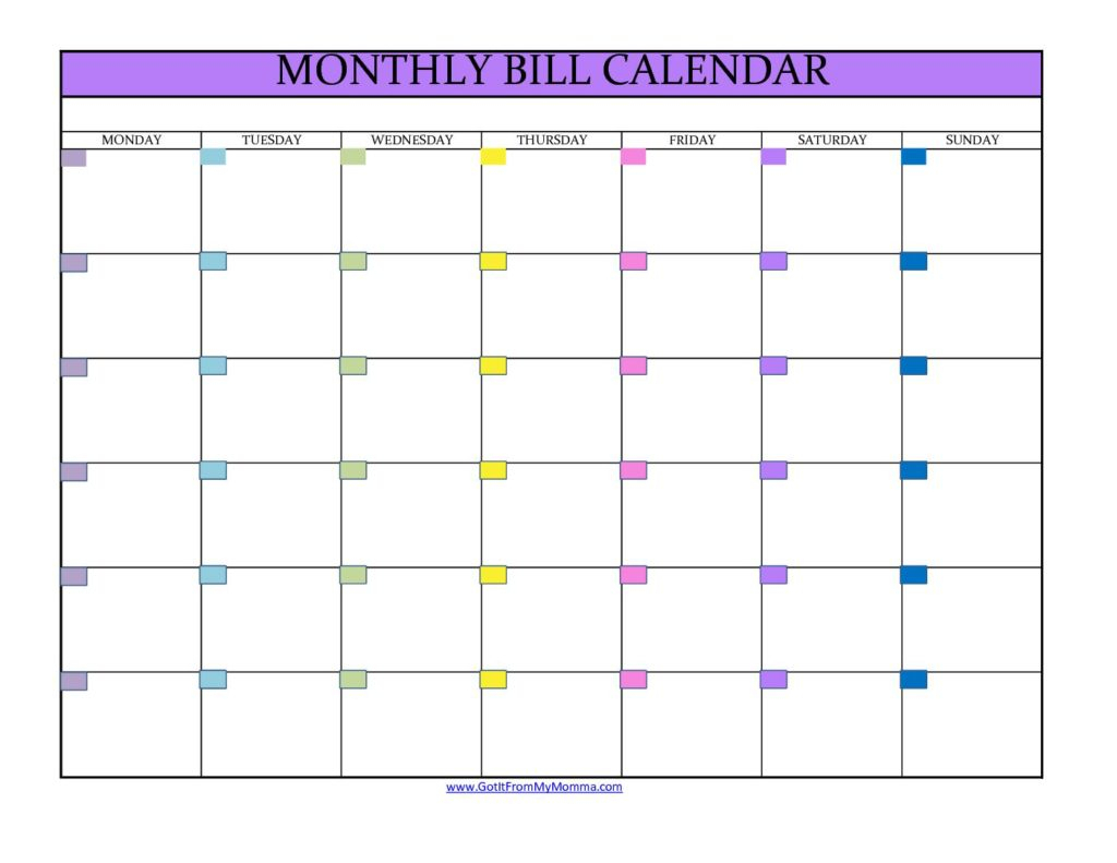 Monthly Bill Calendar  Got It From My Momma pertaining to Bill Due Date Template